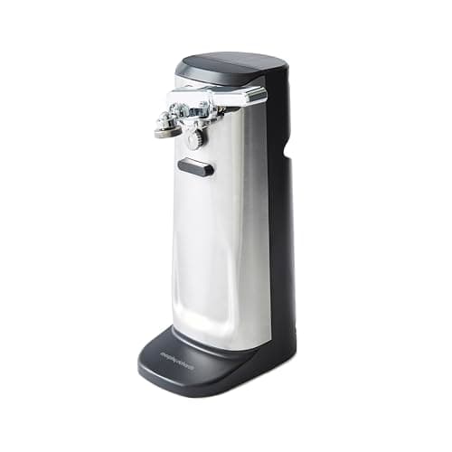 Image of Morphy Richards 3-in-1 Electric Tin Can Opener, Knife Sharpener and Bottle Cap Remover, Magnetic Lid Holder, Hands Free, Safe Cleaning, Automatic Start and Stop, Cord Storage, Stainless Steel, 432030