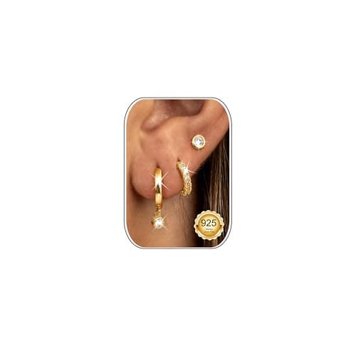 Image of LOLIAS 3 Pairs Gold Stud Hoop Earrings Set for Women 925 Sterling Silver Earring Stacks Hypoallergenic Round zircon Cartilage Earring Sets for Multiple Piercings