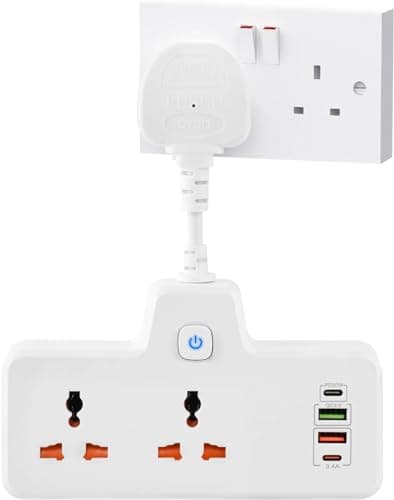Image of Plug Adapter Wall Socket With Touch Nightlight,2 Way Plug Extension With 2 Type-C+2 USB Ports,Plug Adapter UK Multi Plug Adaptor with Individual Switches,Wall Plug Extender for Home, Office (White)