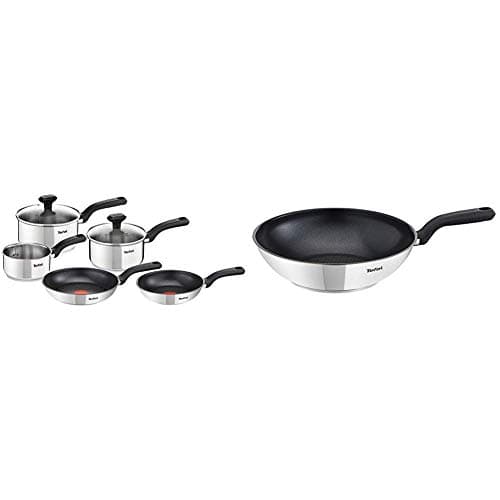 Image of Tefal 5 Piece, Comfort Max, Stainless Steel, Pots and Pans, Induction Set & Comfort Max Stainless Steel Non-stick Wok, 28 cm - Silver