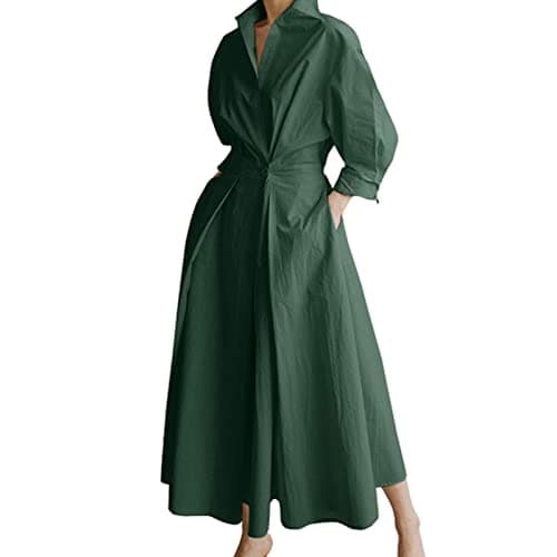 Image of Women Maxi Shirt Dress Long Sleeve Button Smocked Waist Long Dress Loose Swing Party Dress with Pockets (Dark Green, XX-Large)