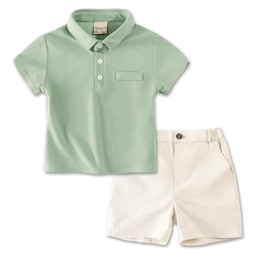 Image of Volunboy Toddler Boys Summer Clothes, Short Sleeve Polo Shirt Tops & Shorts Activewear Casual Sport Outfits 1-6 Years(Green,3-4 Years,Tag Size 110)