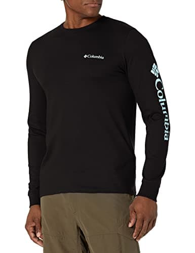 Image of Columbia Men's Long Sleeve Tee Shirt Outdoors Fishing Camping Hiking T, Black with Clear Blue, Large