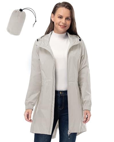 Image of 33,000ft Women's Rain Jacket Lightweight Hooded Long Rain Coat Waterproof Jacket Ladies Packable Functional Jacket Windbreaker Breathable Active Outdoor Coats Beige M/12