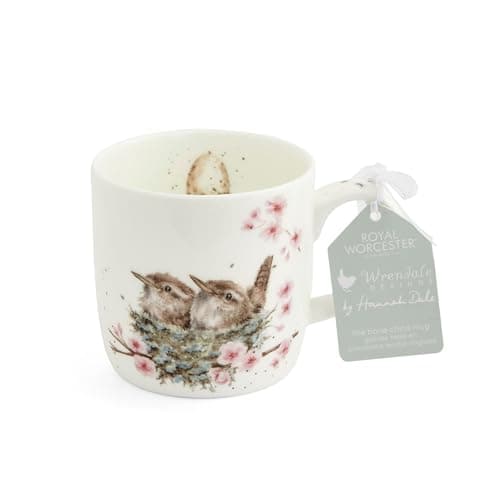 Image of Royal Worcester x Wrendale Designs 'Feather Your Nest' Coffee Mug - Fine Bone China White Mug with Handle, Featuring Cute Bird Animal Design by Artist Hannah Dale, Microwave & Dishwasher Safe, 310ml