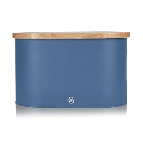 Image of Swan Nordic Oval Bread Bin with Cutting Board Lid, Carbon Steel Body, Airtight Bamboo Lid, Blue