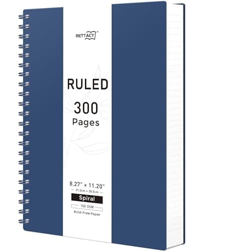 Image of RETTACY A4 Lined Notebook, Thick Spiral Journal with 300 Perforated Pages/150 Tear Sheets for Writing,100gsm College-Ruled Paper, DIY Function Accessory, 21.5 x 27.9cm -Dark Blue