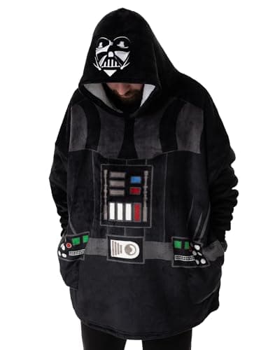 Image of Star Wars Darth Vader Unisex Wearable Blanket Hoodie | Adults Black Hooded Pullover with Darth Vadar Armour Mask and Suit Graphics | One Size Sherpa Lined Loungewear | Classic Movie Merchandise Gift