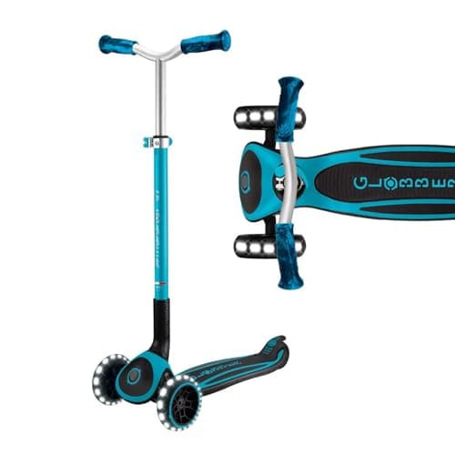 Image of Globber Scooters Ace 3 Wheel Light Up Childrens Scooter with LED Wheels - 4 Years Plus - Max User 100kg - 5 Height Adjustable Handlebars - 2 Year Warranty (Aqua Blue)