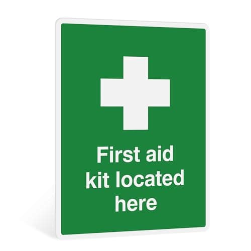 Image of Rubigo First Aid Kit Sticker Located Here Safety Sign - Signs of Safety Self-Adhesive First Aid Sticker, ISO Certified First Aid Signs, 20x15cm (Pack of 1)