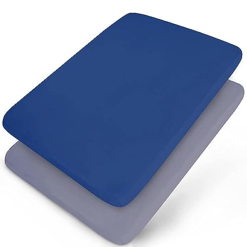 Image of Travel Cot Sheets 95x65cm Fitted, Ultra Soft & Breathable, 2 Pack, Fits for Joie & Maxi-Cosi Iris Travel Cot, Navy & Grey, Preshrunk
