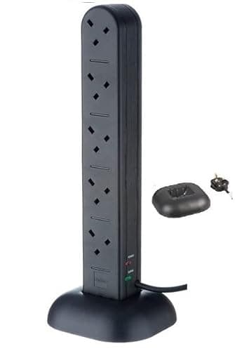 Image of Modaleo - Tower Extension Lead 10 Way with Surge Protection, 10 Gang Multi Plug Extension Lead Tower With UK Socket and 2m Black, white Extension Lead (10-way gang tower 2m black)