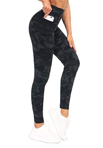 Image of THE GYM PEOPLE Women's High Waisted Yoga Leggings with Pockets - Tummy Control Workout Running Pants for Ladies/BlackGrey Camo/S