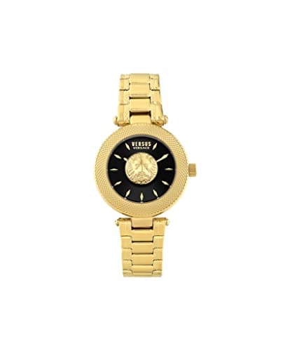 Image of Versus Versace Brick Lane Lion Collection Luxury Womens Watch Timepieces with a Gold Bracelet and Case Featuring a Black Dial