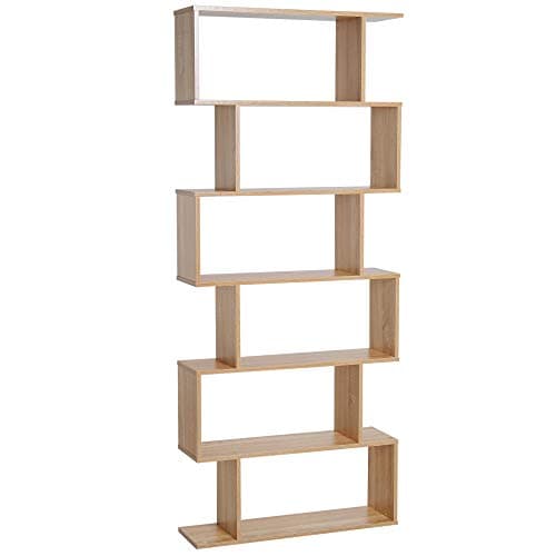 Image of HOMCOM Bookcase, 6 Tier Shelf S Shaped Bookshelf, Storage Unit, Display Shelf for Living Room, Bedroom, Home Office, Plant, Oak