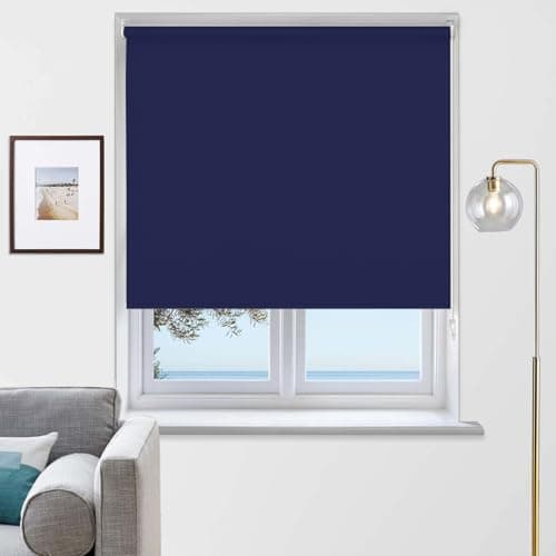 Image of Rehan & Co Thermal Insulated Blackout Fabric Roller Blinds, Easy Fit Child Safe Trimmable UV Protection Home Office Window Blinds, Navy blue Blind (90cm Width X 165cm drop)