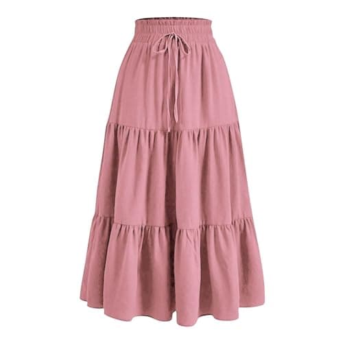 Image of duxyoz Maxi Skirts for Women Summer Boho Tiered Long Flowy Skirt Bohemian Boho Drawstring High Waisted Swing A-Line Skirt Casual Party Holiday Ruffle Gypsy Vintage Pleated Skirts Full Length Pink