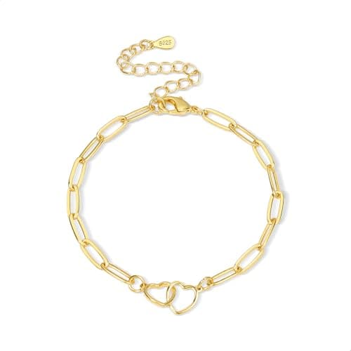 Image of ALEXCRAFT Gold Bracelet for Women Ladies, 14K Real Gold Plated Adjustable Bracelet with Double Heart Chains GoldBracelet Anklet Cuban Link Paperclip Brass Chains Friendship Bracelets Women Lady