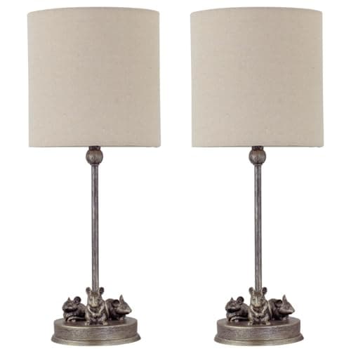 Image of firstchoicelighting Set of 2 Antique Gold Mouse Table Lamp or Bedside Lights with Oatmeal Linen Fabric Shade, Resin Animal, Height 42 cm, LED Compatible
