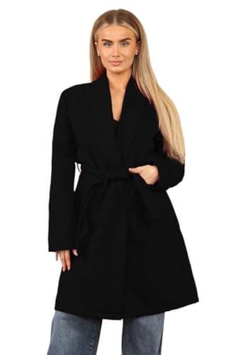 Image of Ladies Italian Belted Coat Long Sleeve Open Front Jacket Pockets One Size 8-14 (Black)