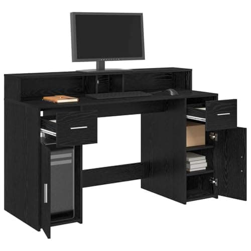 Image of vidaXL Desk with Drawer Black oak 140 x 55 x 91 cm Engineered wood, Modern Rectangular Desk With Storage, LED Lighting, Compact Design For Minimalistic Home Office Workspace Furniture
