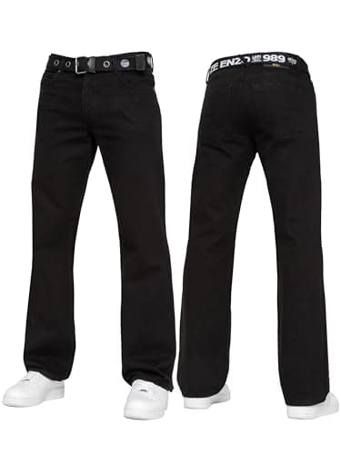 Image of 989Zé ENZO Mens Denim Straight Leg Jeans Trousers Regular Fit Stylish Fashion All Waist Sizes Free Belts EZ14 Black 32W / 32L