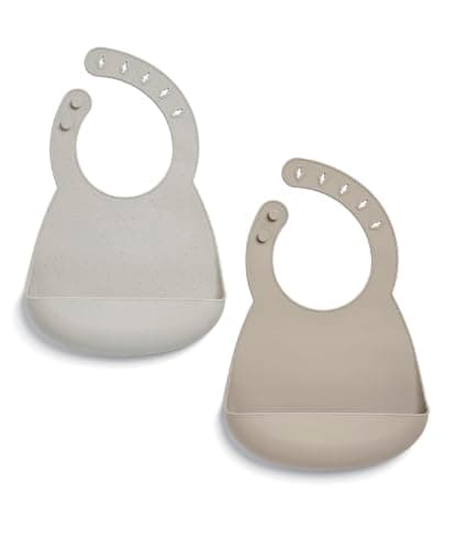 Image of Mamas & Papas 2-Pack Waterproof Silicone Baby Bibs, Adjustable BPA-Free Feeding Bibs with Large Pocket for Food Catching, Ideal for Weaning for 6-18 Months - Neutral Speckle