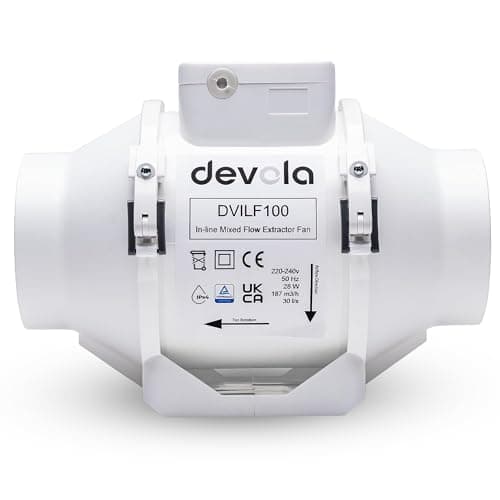 Image of Devola 100mm Inline Mixed Flow Extractor Fan, 4 Inch Bathroom Fan, For Kitchen, Bathroom and Loft, Made in Britain (Standard Model) - DVILF100