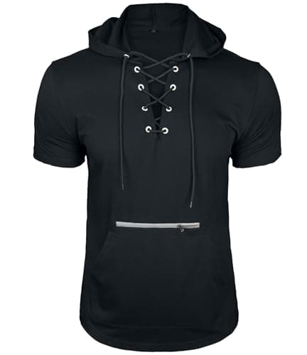 Image of MakingDa Athletic Short Sleeve Hoodie Men's Fashion Workout Gym Pullover Hooded Shirt Lace up Muscle Fit Summer Sweatshirt Lightweight Hip Hop Running Boxing Hiking Sport Hoodys Shirts Black L