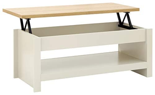 Image of GFW Lancaster Lift Up Coffee Table With Hidden Storage For Living Room. Modern Wooden Lift Top Coffee Tables With Display Shelf & Storage Compartment For Media & Accessories Oak H-42 x W-105 x D-47cm