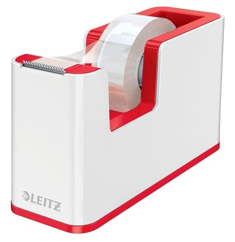 Image of Leitz Wow Tape Dispenser, Heavy Base and Includes a Roll of Tape, Desk Sellotape Dispenser, White/Red, 53641026