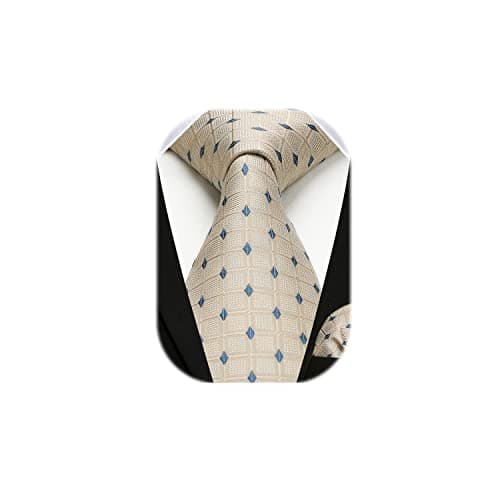 Image of HISDERN Men's Beige Plaid Ties for Wedding Party Woven Necktie With Pocket Square Set for formal Business