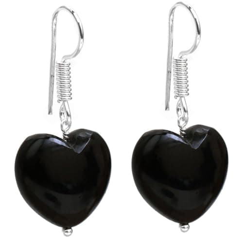 Image of Gempires Natural Black Obsidian Heart Drop Earrings for Women | Silver Plated Crystal Dangle Earrings | 15 mm Natural Gemstone Jewellery