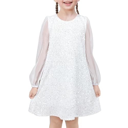 Image of Sunny Fashion Girls Dress White Sequin Sheer Mesh Long Sleeve Party Pageant Wedding Age 5 Years