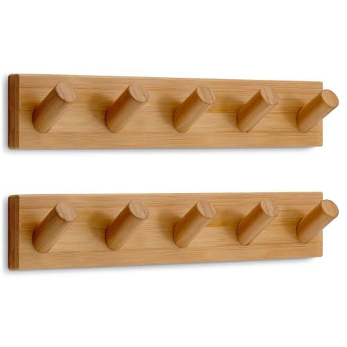 Image of LARHN Wooden Coat Hooks Wall Mounted Coat Rack with 5 XL Hooks (2-Pack), 42cm - All Fixings Included for Quick & Easy Installation