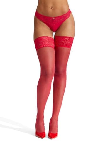 Image of Ann Summers Halloween Lace Top Glossy Hold Up - Hold Up Stockings for Women - Glossy - Silcione Stay in Place Strips - Red