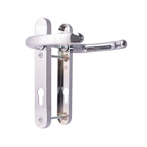 Image of TSS UPVC Door Handle Set, 92mm PZ (Centres), Lever/Lever, Screw to Screw 122mm with Backplate 212mm x 34mm - Replacement PVC Door Handle (Polished Chrome)