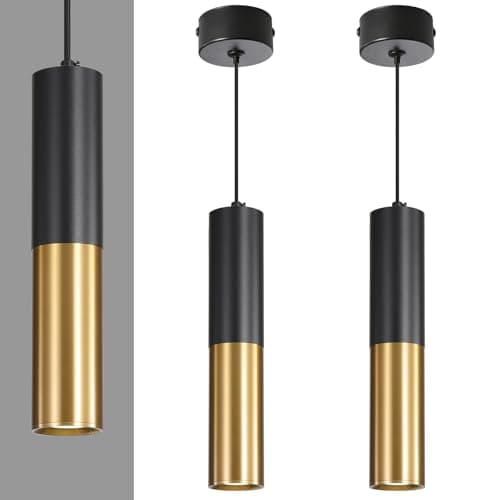 Image of Mikeru 2 Pack Cylindrical Black Gold Pendant Lights, 3 Color Temperature 3000k/4500k/6500k Kitchen Island Lights, GU10 (Bulb Included) Height Adjustable 1.4M Pendant Lights for Dining Room, Cafe
