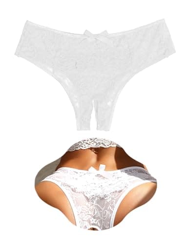 Image of ohyeahlady Lace Knickers for Women Ruffled Thongs Underpants Stretchy Bikini Briefs Sexy French Panties Brazilian Knickers Ladies Hipster Underwear White Size S