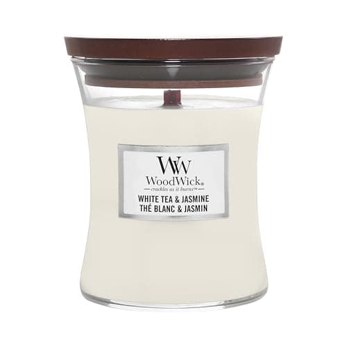 Image of WoodWick Medium Hourglass Scented Candle | White Tea & Jasmine | with Crackling Wick | Burn Time: Up to 60 Hours | Gifts for Women
