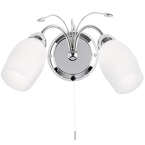 Image of 2X 40W E14 | 205mm Over Hang Twin Wall Light | Chrome & White Frosted Glass Shade | Modern Pretty Curved Arm Down Facing Fitting | Living Room Lounge Bedroom Bedside Feature Lamp | LED & Dimmable