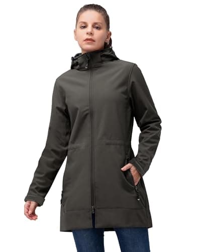 Image of 33,000ft Women’s Lightweight Softshell Jacket with Hood Waterproof Ladies Functional Jacket Fleece Lined Windbreaker Breathable Raincoat Long Coats for Cycling Hiking Outdoor Dark Khaki 2XL