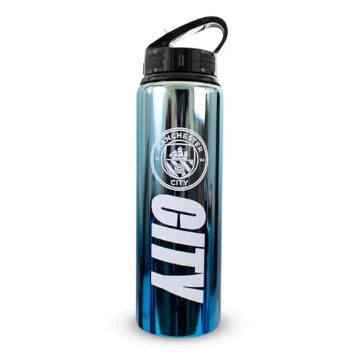 Image of Hy-Pro Officially Licensed Manchester City F.C 750ml Aluminium UV Sports Water Bottle – Man City Water Bottle with Integrated Folding Straw - Neochrome Finish, Leakproof, Lightweight, BPA Free