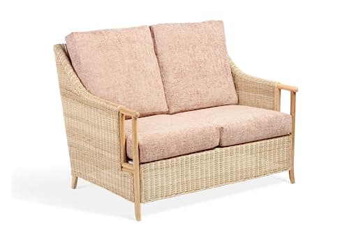 Image of Desser Eden 2-Seater Conservatory Sofa – Fully Assembled Indoor Rattan Seat – Luxury Real Cane Wicker Settee with UK Made Jubilee Punch Blush Chenille Cushions - H96cm x W120cm x D94cm