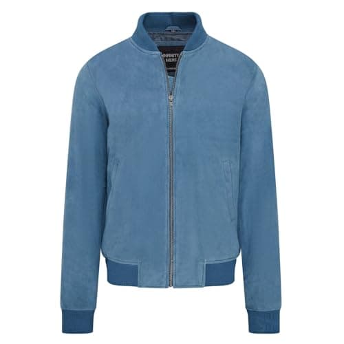 Image of Infinity Leather Mens Blue Soft Goat Suede MA-1 Varsity Bomber Jacket