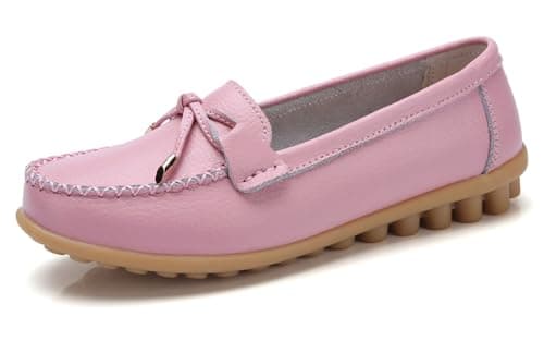Image of Sunporx Women Leather Loafers Comfort Moccasins Casual Loafer Non Slip Round Toe Bows Soft Business Work Office Slip on Driving Flats Walking Shoes Pink
