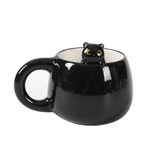 Image of I-TOTAL® - Ceramic Mug with Ceramic Animal on the Edge, Tea or Coffee Mug 450 ml (Black CAT)