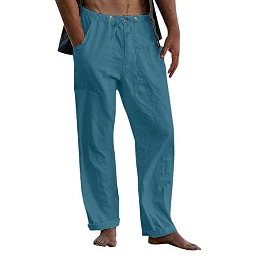 Image of Generisch Men's Casual Trousers with Drawstring Fabric Trousers Cotton Casual Pants Men Straight Legs Plain Trousers Training Trousers Jogging Bottoms Comfortable Everyday Trousers Basic, sky blue