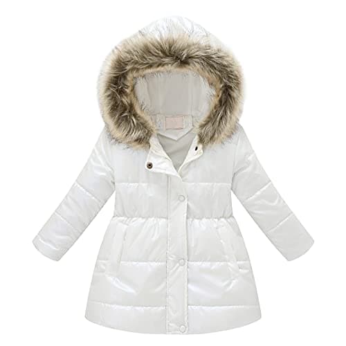 Image of Kids Girls Winter Coat Faux Fur Hooded Windproof Jacket Fleece Liend Padded Thick Warm Parka Outerwear Outdoor Overcoat Cotton Coats Jackets White 8-9 Years