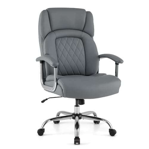 Image of COSTWAY 300/330/400/500LBS Big & Tall Executive Office Chair, Height Adjustable Leather Computer Desk Chair with Rocking Backrest & Arms, Home Office Ergonomic Swivel Task Chair (500LBS, Grey)